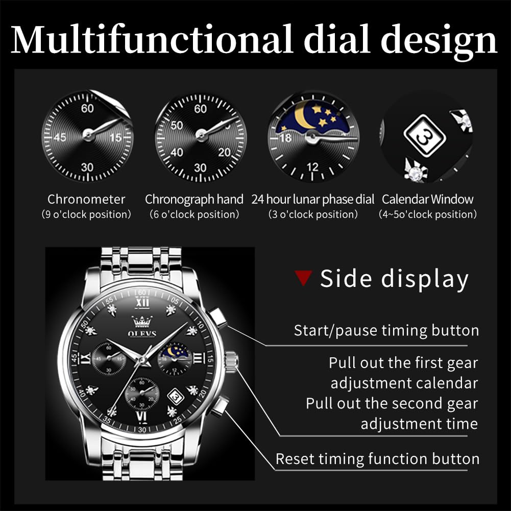 Foto 5 | Reloj Olevs Chronograph Diamond Quartz Moon Phase Para Hombre - Venta Internacional.