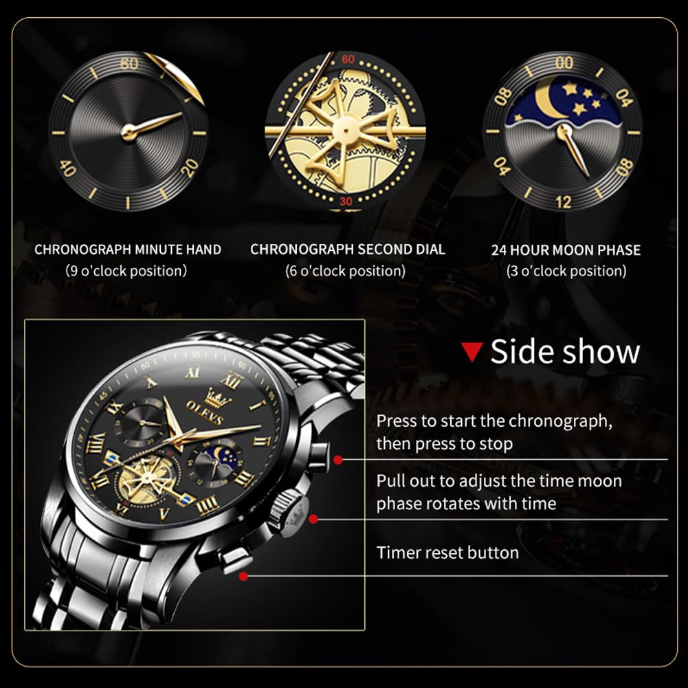 Foto 5 pulgar | Reloj Olevs Chronograph Moon Phase De Acero Inoxidable Para Hombre - Venta Internacional.