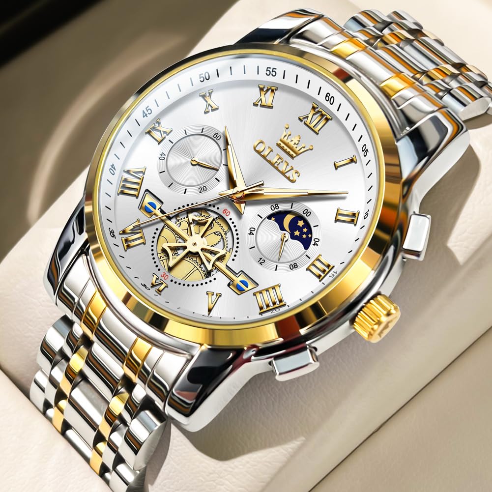 Foto 2 | Reloj Olevs Chronograph Moon Phase De Acero Inoxidable Para Hombre - Venta Internacional.