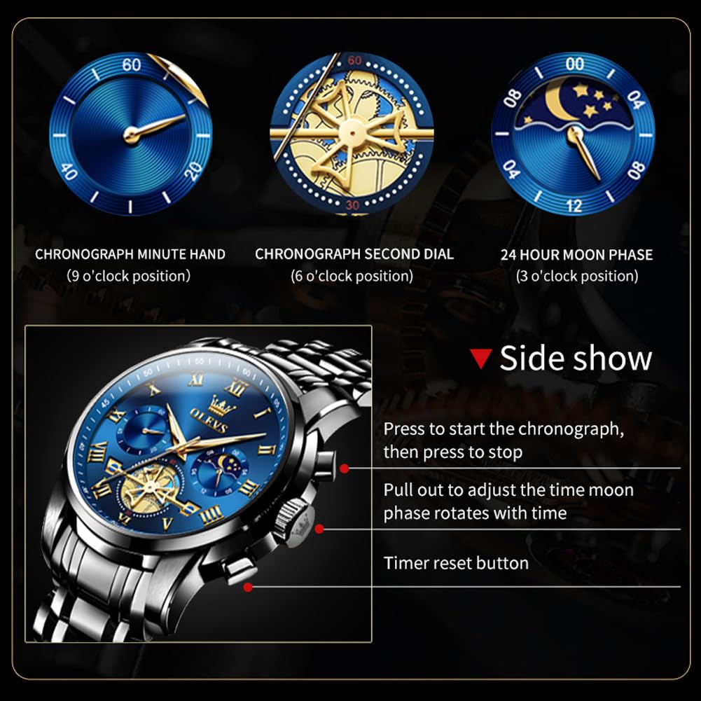 Foto 5 pulgar | Reloj Olevs Chronograph Moon Phase De Acero Inoxidable Para Hombre - Venta Internacional.