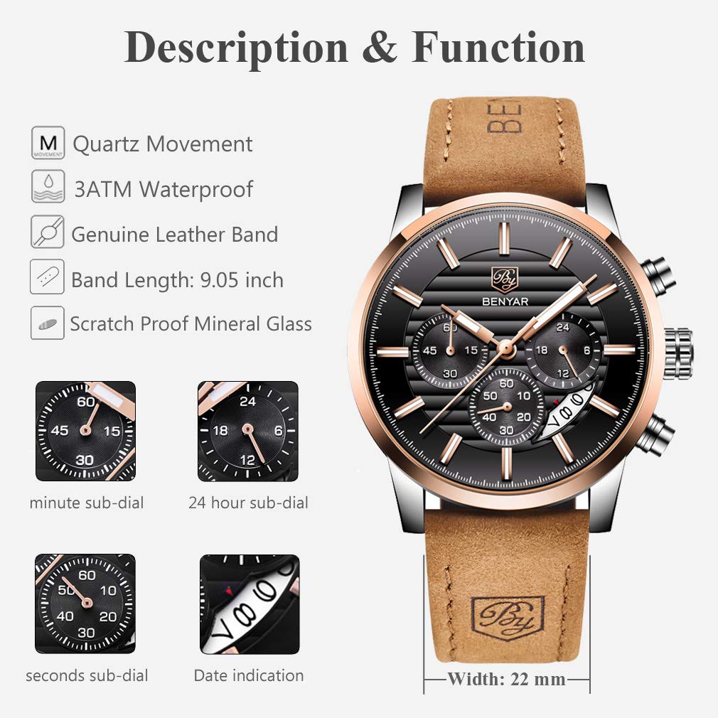Foto 4 pulgar | Reloj Benyar Quartz Chronograph De Piel Impermeable Para Hombre - Venta Internacional.