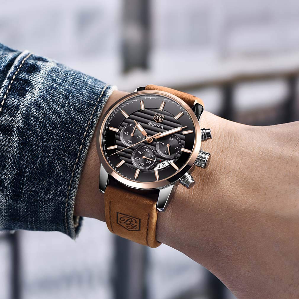 Foto 7 pulgar | Reloj Benyar Quartz Chronograph De Piel Impermeable Para Hombre - Venta Internacional.