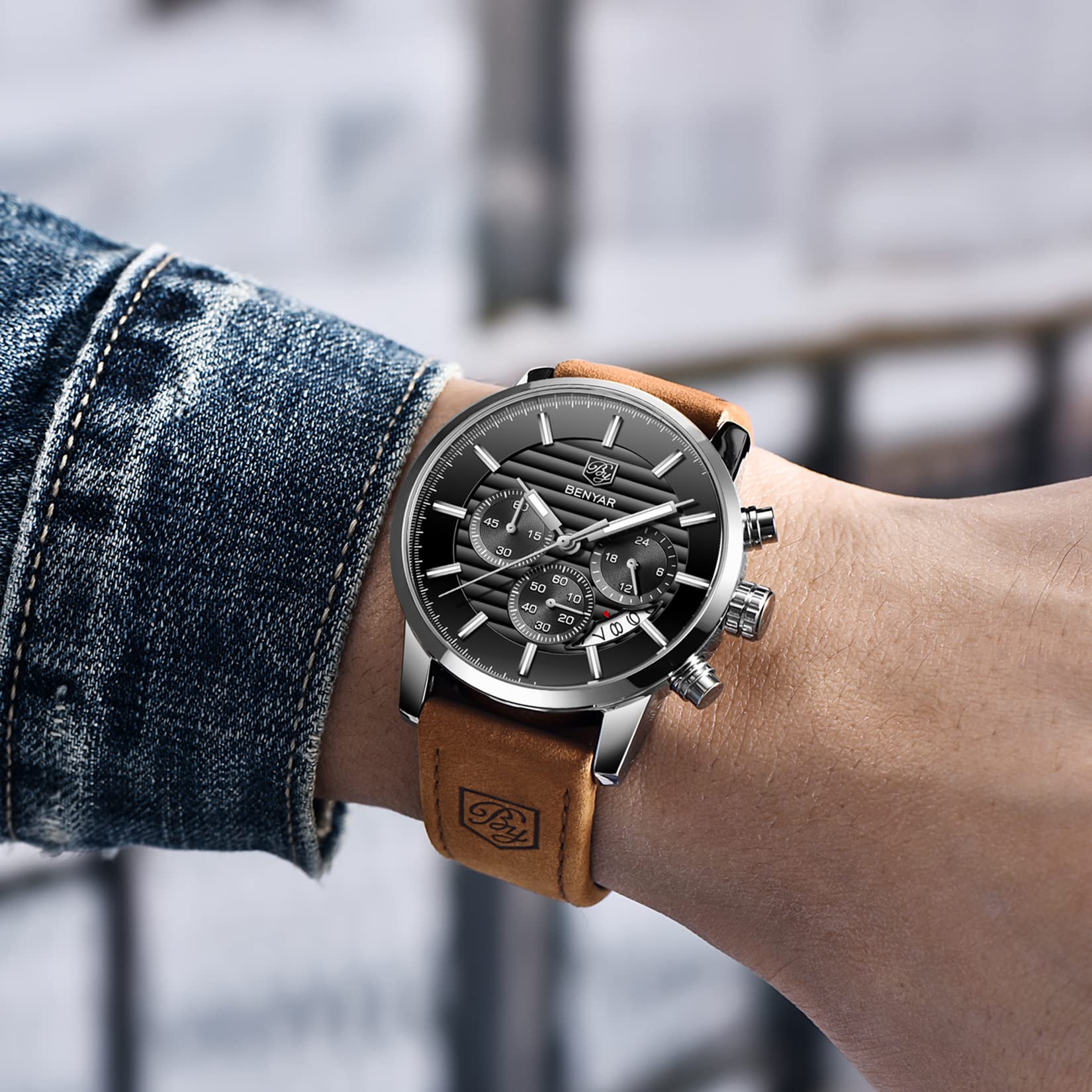 Foto 3 pulgar | Reloj De Pulsera Benyar Chronograph Impermeable Para Hombre, Color Marrón - Venta Internacional.