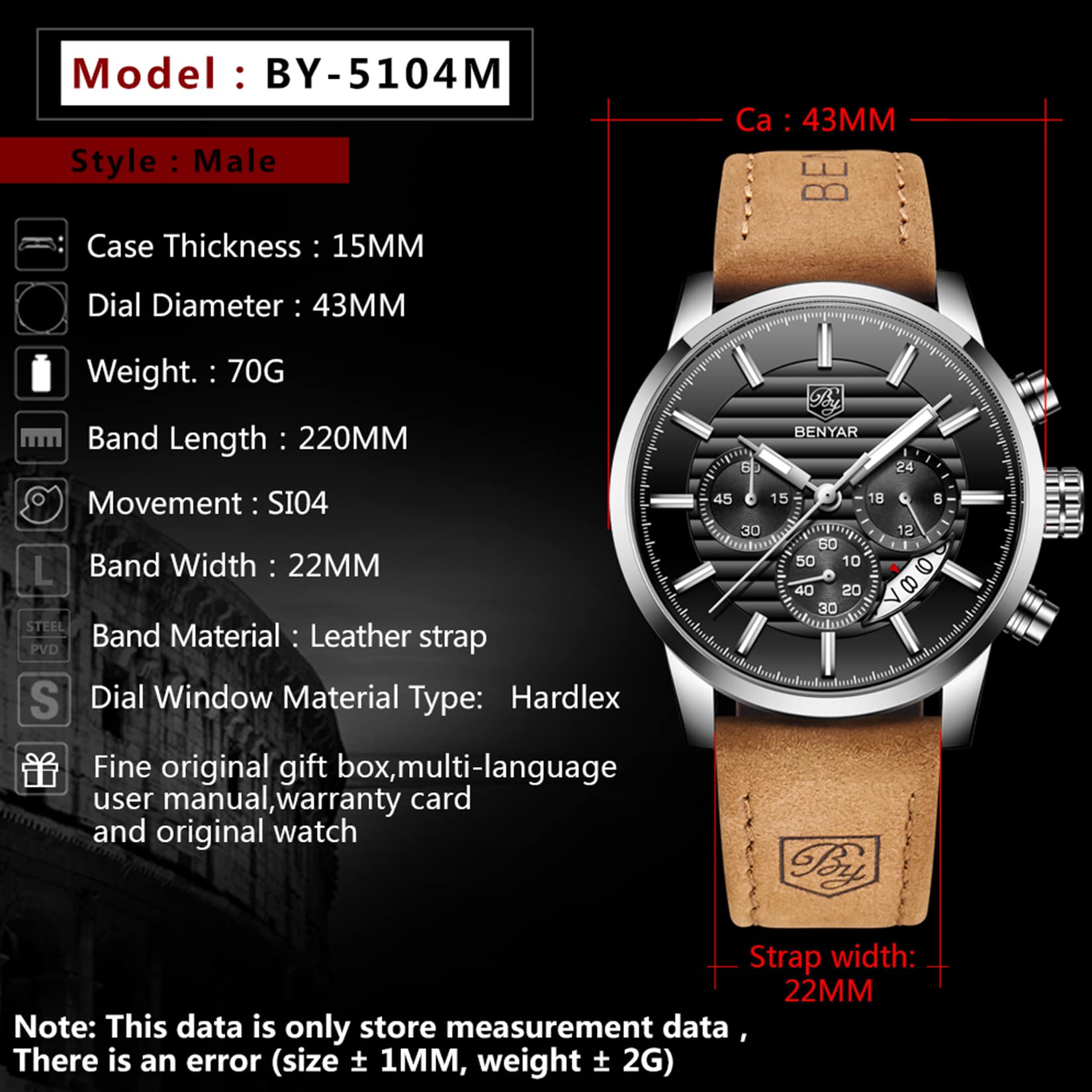 Foto 4 pulgar | Reloj De Pulsera Benyar Chronograph Impermeable Para Hombre, Color Marrón - Venta Internacional.