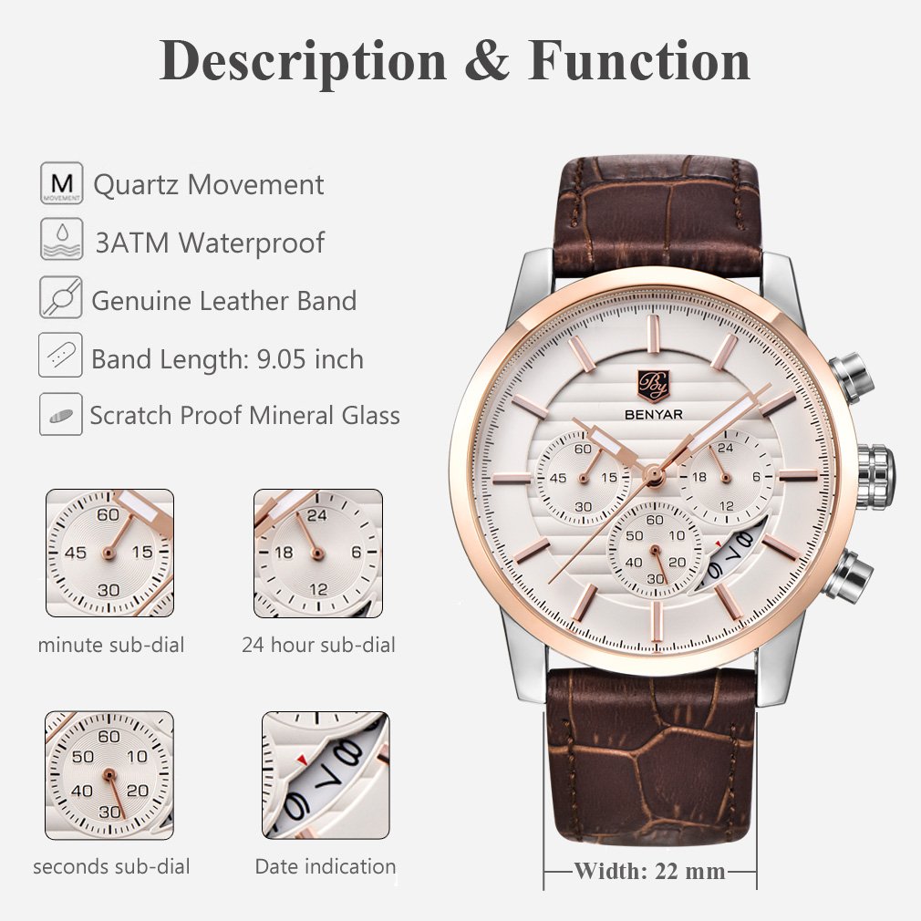Foto 3 pulgar | Reloj De Pulsera Benyar Chronograph Impermeable Para Hombre, Color Café - Venta Internacional.