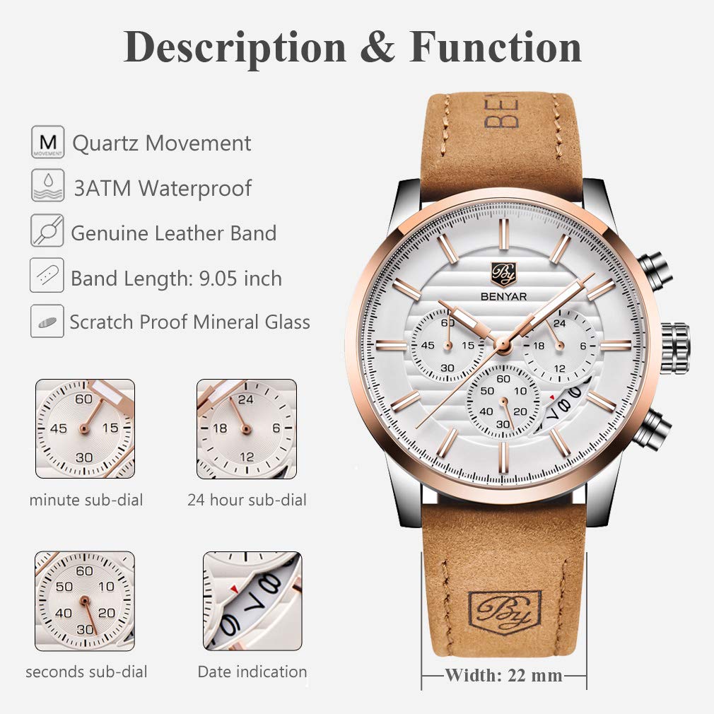 Foto 4 pulgar | Reloj Benyar Quartz Chronograph Impermeable Para Hombre Marrón - Venta Internacional.