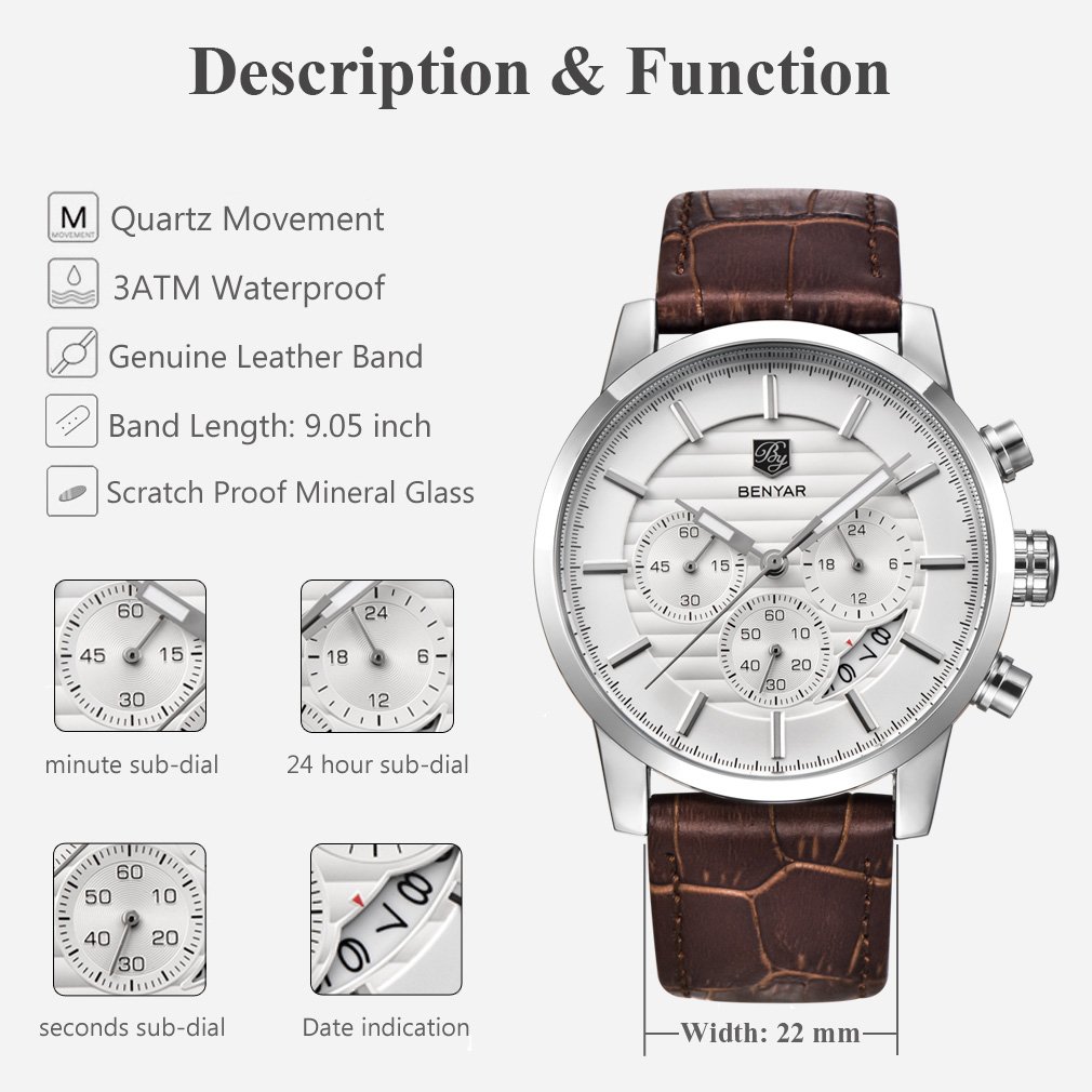 Foto 3 pulgar | Reloj De Pulsera Benyar Chronograph Impermeable Para Hombre, Color Café - Venta Internacional.