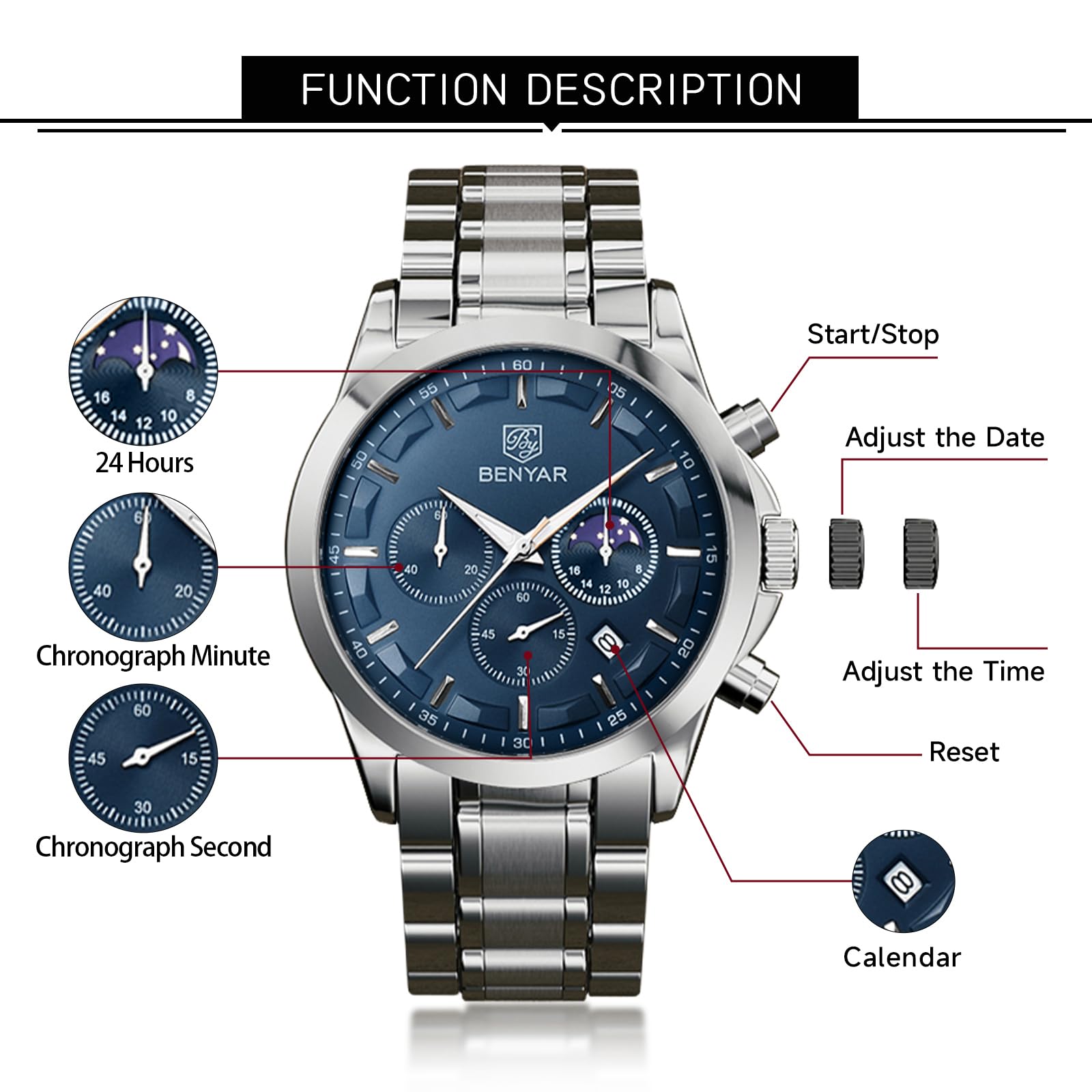 Foto 6 pulgar | Reloj By Benyar Chronograph Quartz De Acero Inoxidable Para Hombre - Venta Internacional.