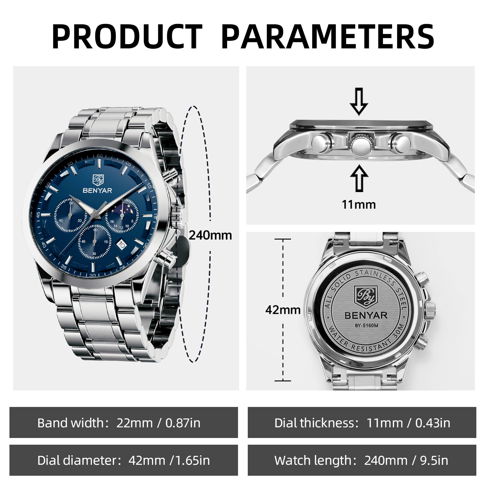 Foto 7 pulgar | Reloj By Benyar Chronograph Quartz De Acero Inoxidable Para Hombre - Venta Internacional.