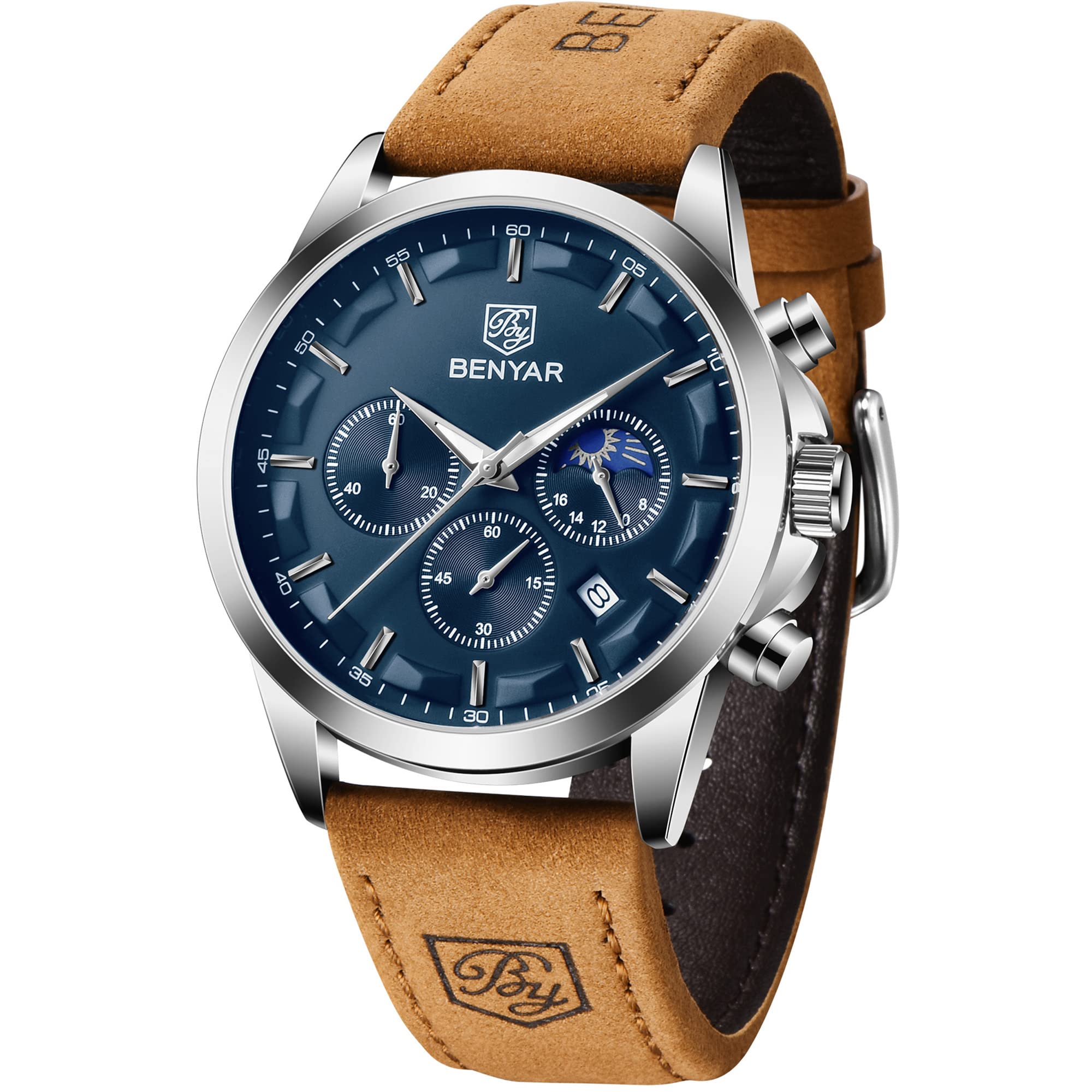 Reloj By Benyar Chronograph Waterproof Para Hombre En Piel Marrón - Venta Internacional.