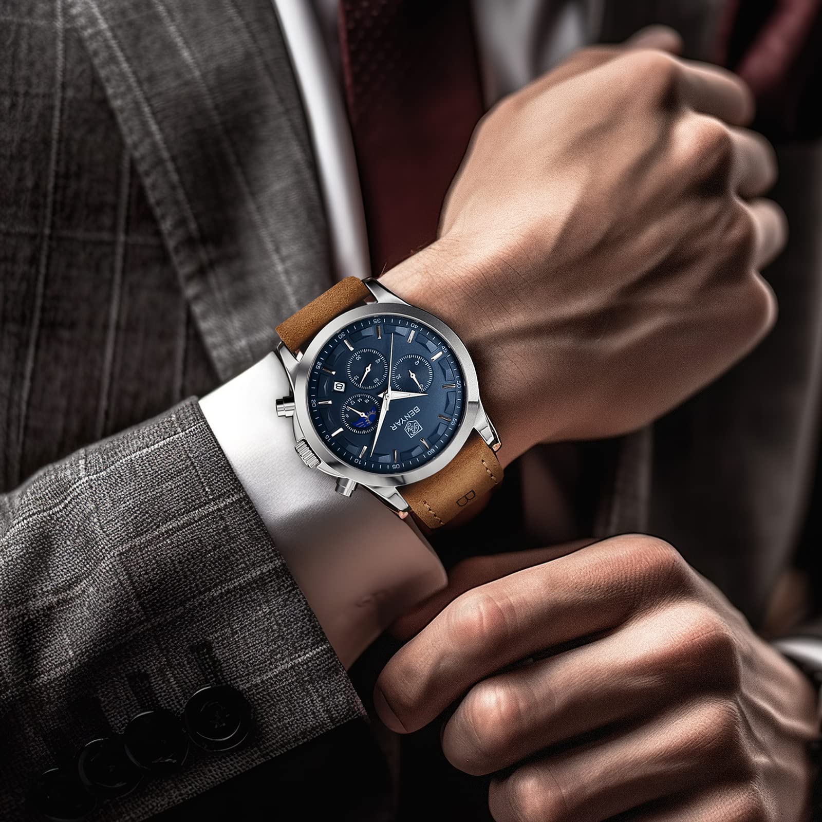 Foto 4 pulgar | Reloj By Benyar Chronograph Waterproof Para Hombre En Piel Marrón - Venta Internacional.