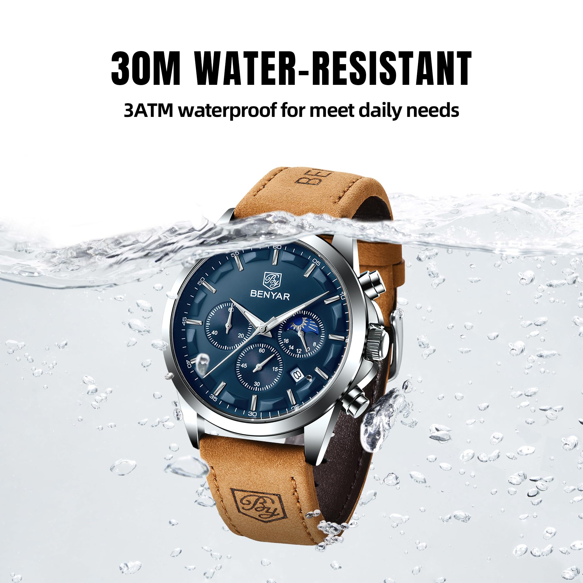 Foto 5 pulgar | Reloj By Benyar Chronograph Waterproof Para Hombre En Piel Marrón - Venta Internacional.