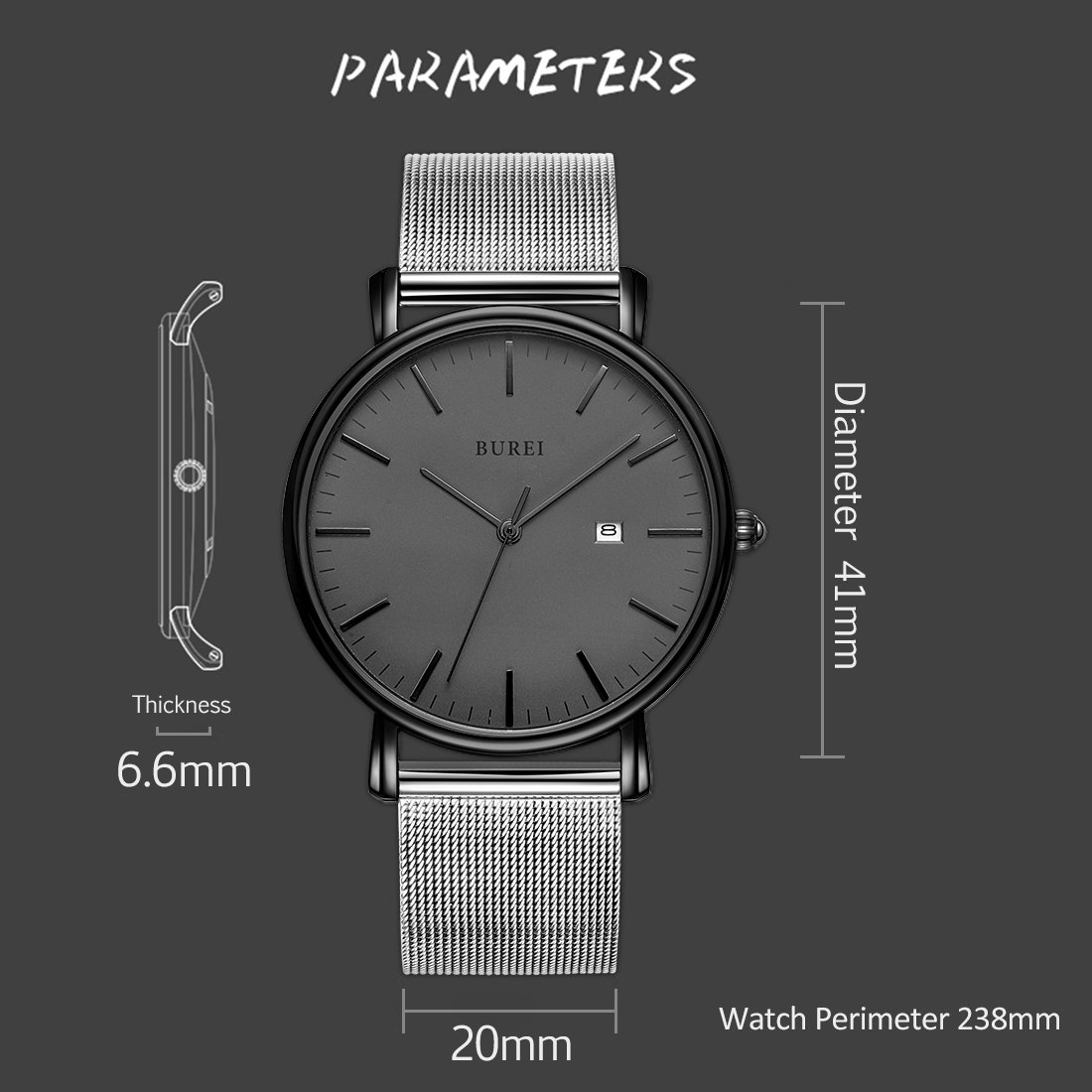 Foto 6 pulgar | Reloj Burei Fashion Minimalista Con Fecha Analógica De Acero Inoxidable - Venta Internacional.
