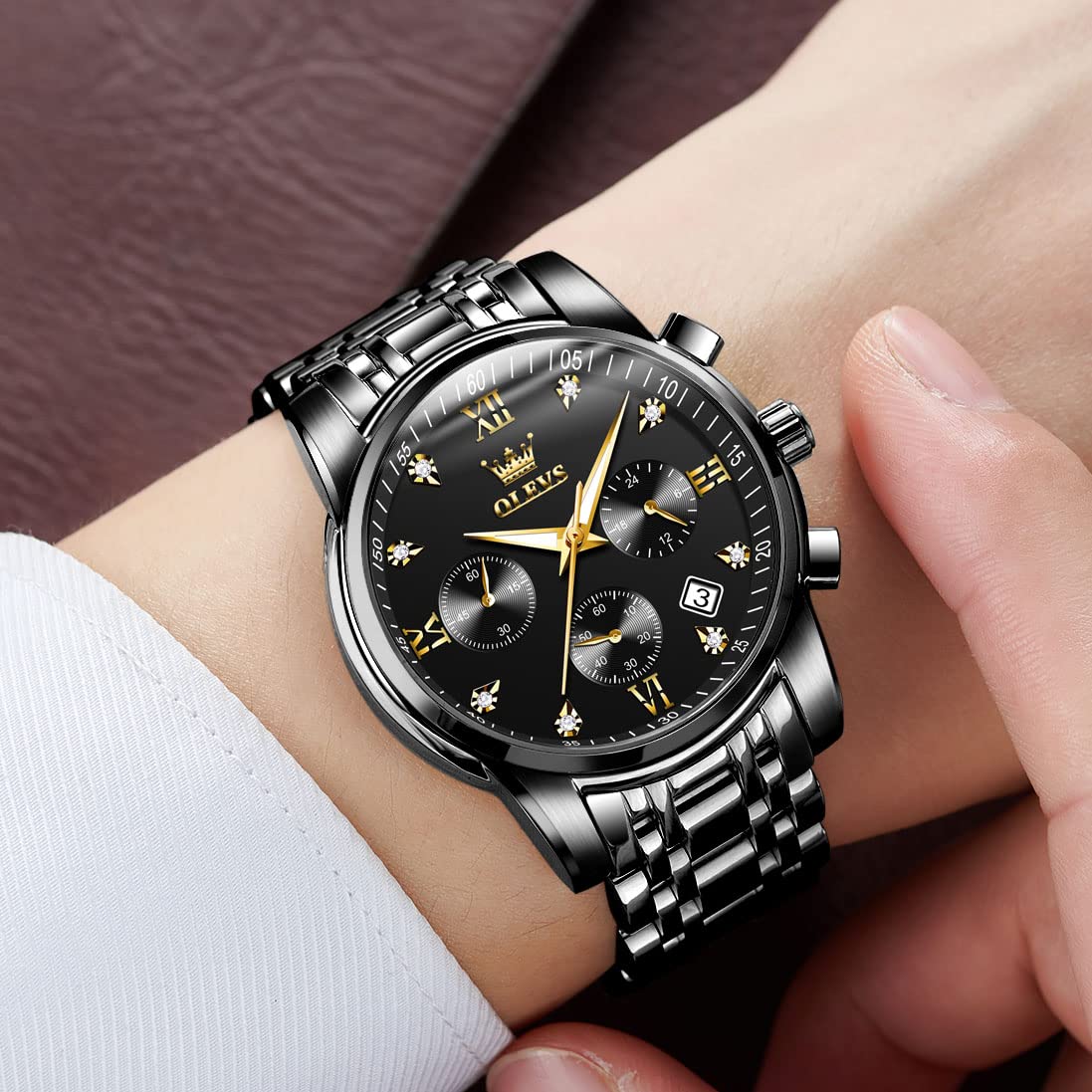 Foto 3 pulgar | Reloj Olevs De Acero Inoxidable Negro Con Diamante Para Hombre - Venta Internacional.