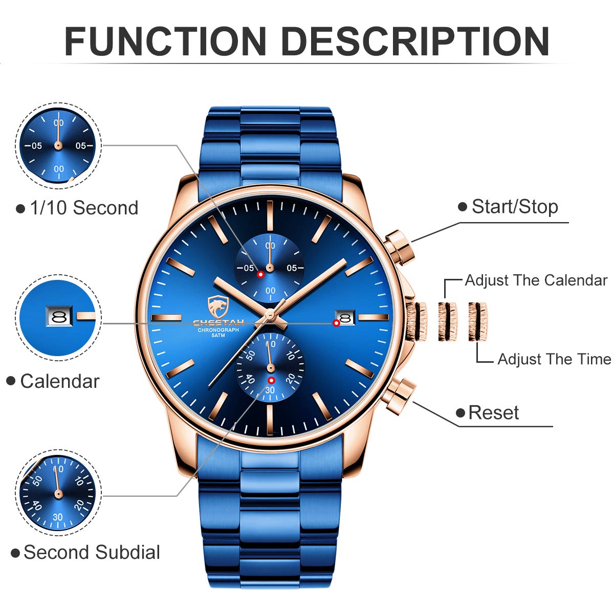 Foto 4 pulgar | Reloj Golden Hour Cronógrafo De Acero Inoxidable Chapado En Azul Para Hombre - Venta Internacional.