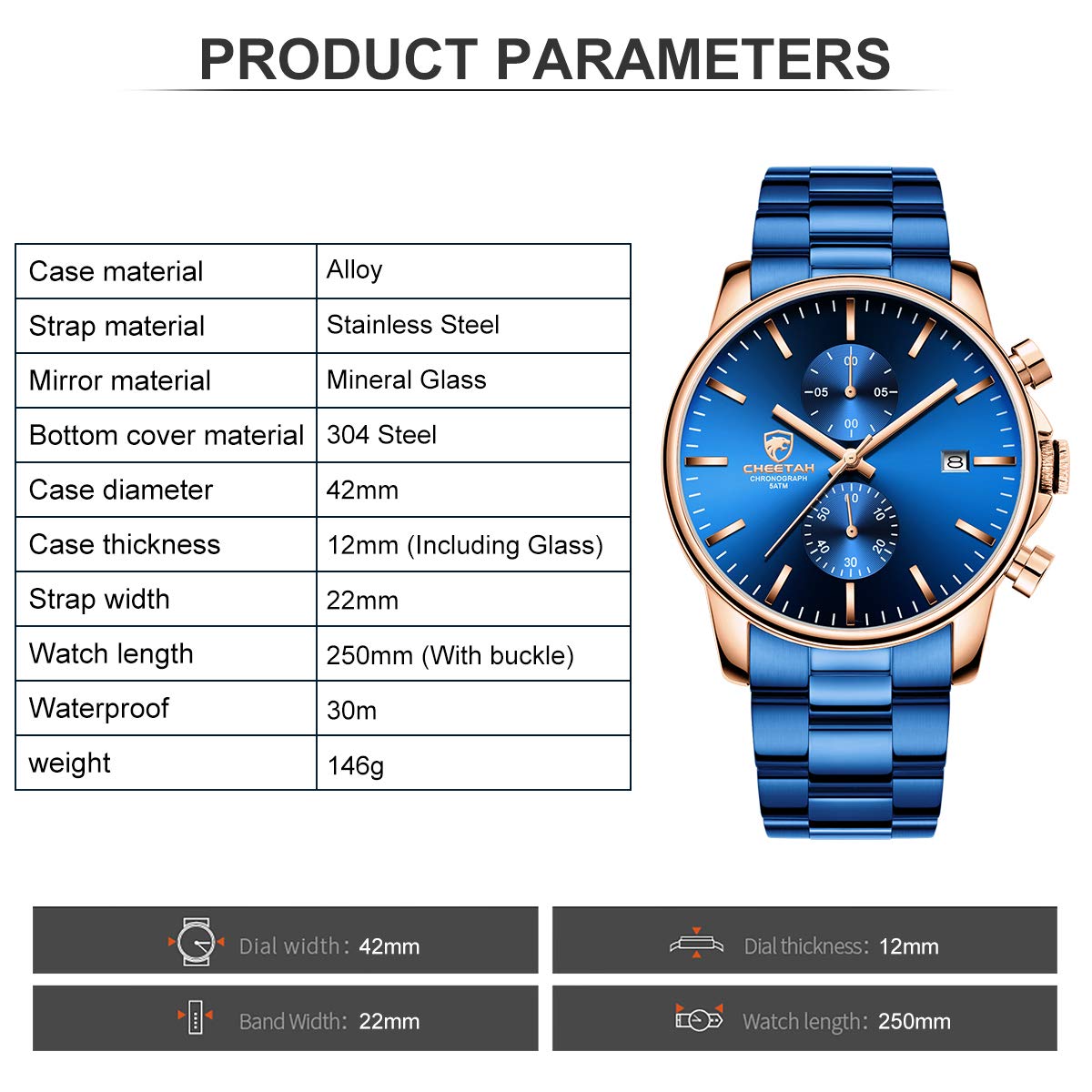 Foto 5 pulgar | Reloj Golden Hour Cronógrafo De Acero Inoxidable Chapado En Azul Para Hombre - Venta Internacional.