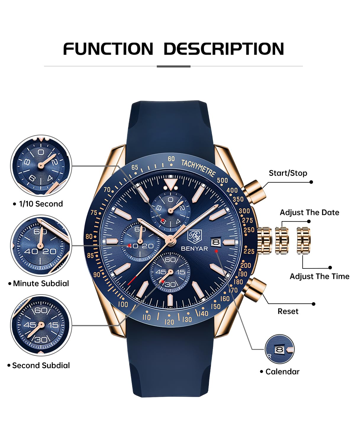 Foto 4 pulgar | Reloj By Benyar Chronograph Quartz Para Hombre, Resistente Al Agua Hasta 35 M - Venta Internacional.
