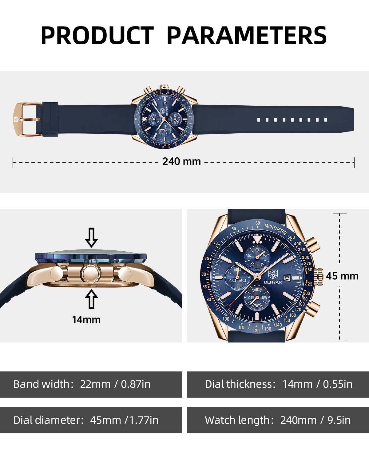 Foto 7 pulgar | Reloj By Benyar Chronograph Quartz Para Hombre, Resistente Al Agua Hasta 35 M - Venta Internacional.