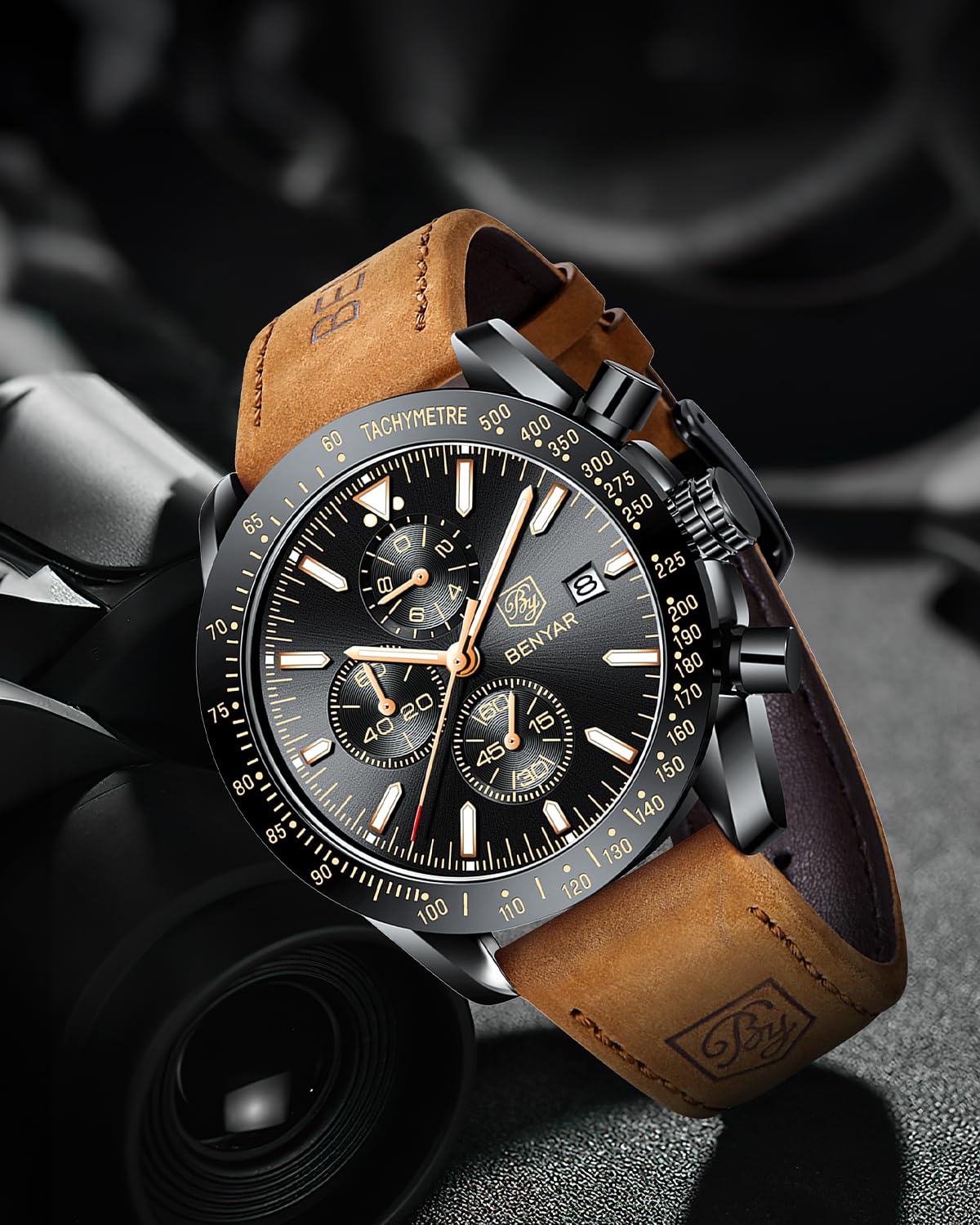 Foto 4 pulgar | Reloj De Cuero Con Cronógrafo Analógico De Cuarzo By Benyar Para Hombre - Venta Internacional.