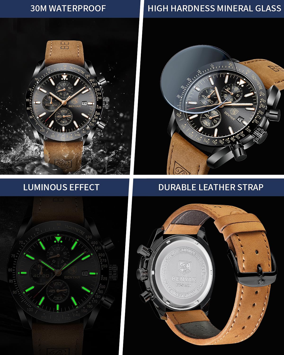 Foto 5 pulgar | Reloj De Cuero Con Cronógrafo Analógico De Cuarzo By Benyar Para Hombre - Venta Internacional.