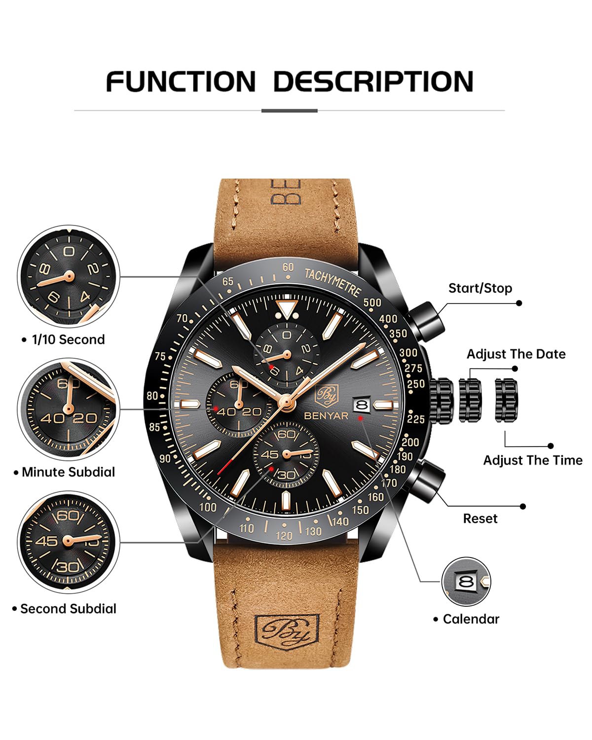 Foto 6 pulgar | Reloj De Cuero Con Cronógrafo Analógico De Cuarzo By Benyar Para Hombre - Venta Internacional.