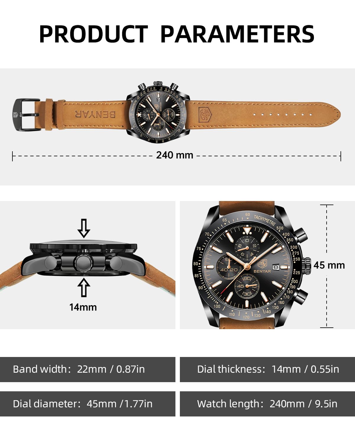 Foto 7 pulgar | Reloj De Cuero Con Cronógrafo Analógico De Cuarzo By Benyar Para Hombre - Venta Internacional.