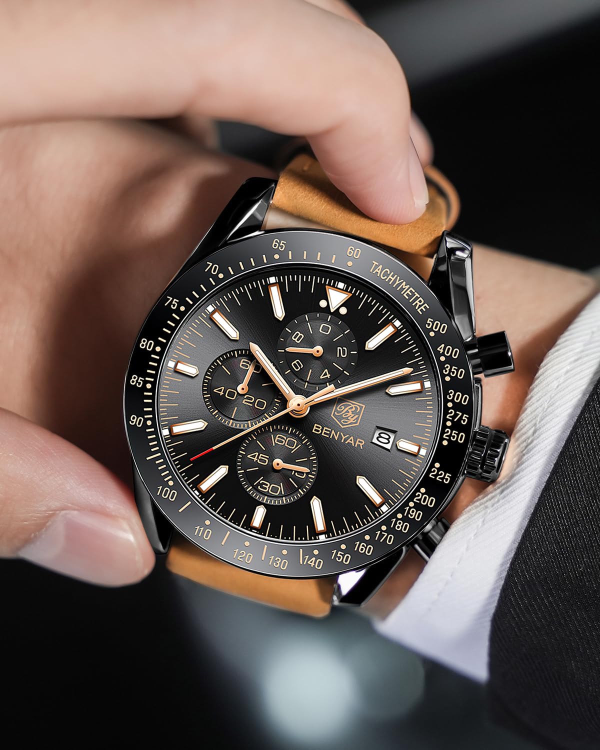 Foto 8 pulgar | Reloj De Cuero Con Cronógrafo Analógico De Cuarzo By Benyar Para Hombre - Venta Internacional.