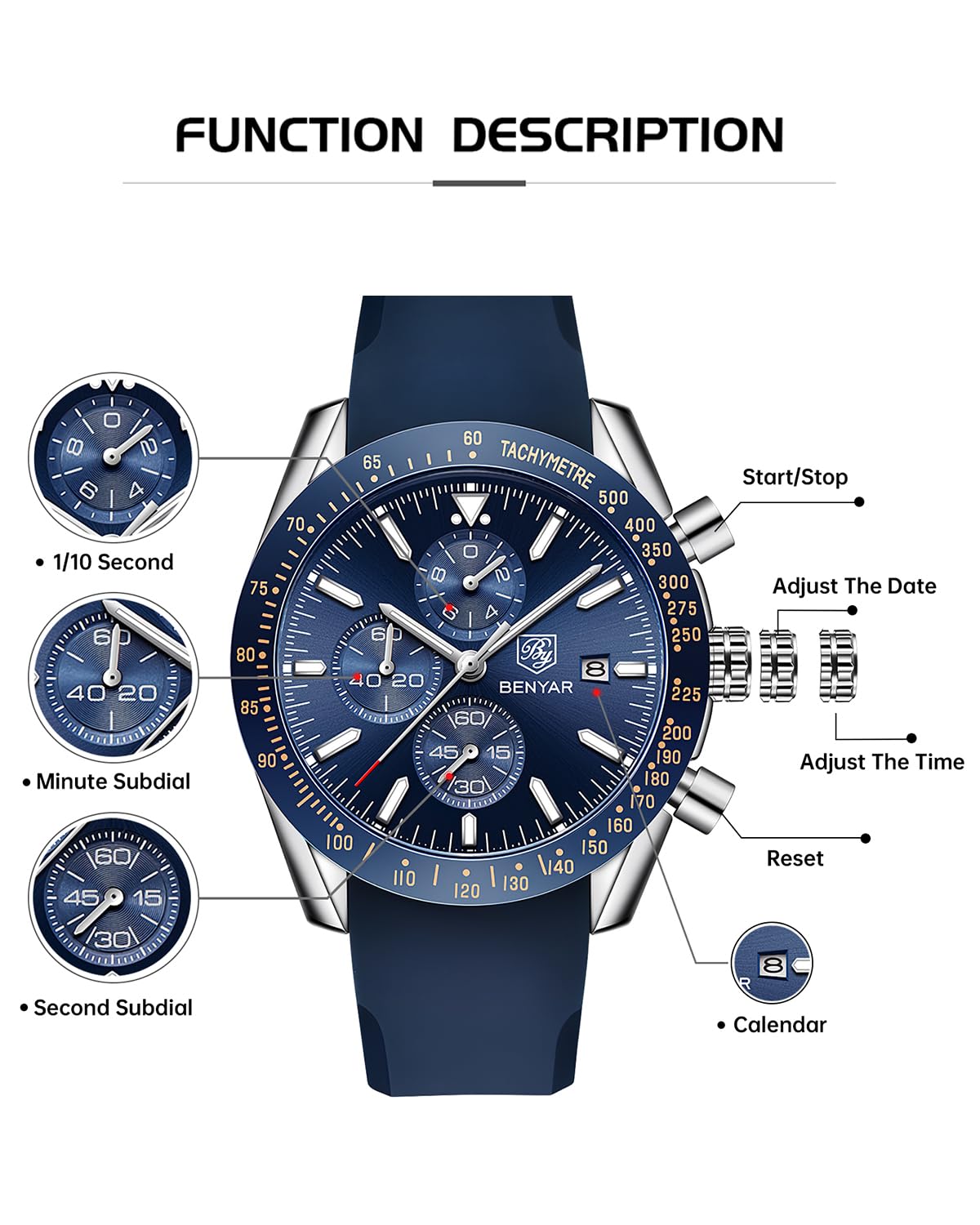 Foto 4 pulgar | Reloj By Benyar Cronógrafo Analógico De Cuarzo Impermeable Para Hombre - Venta Internacional.