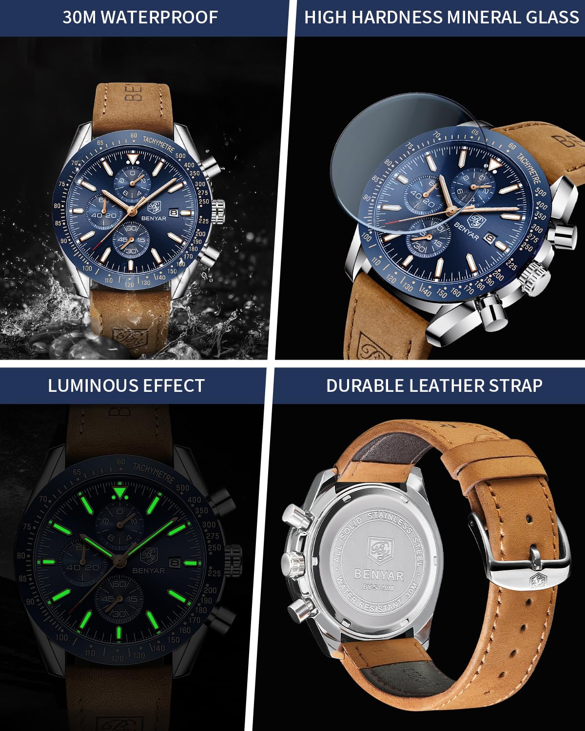 Foto 6 pulgar | Reloj By Benyar Chronograph Quartz Para Hombre, Resistente Al Agua Hasta 30 M - Venta Internacional.