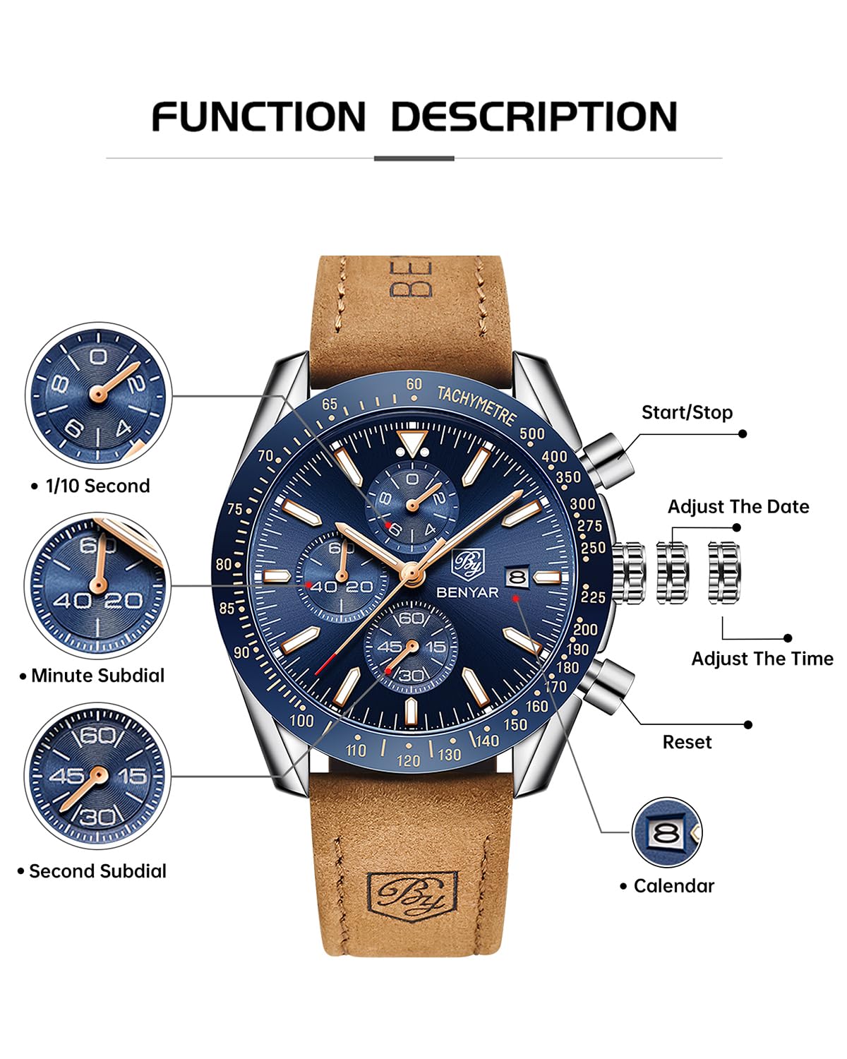 Foto 7 pulgar | Reloj By Benyar Chronograph Quartz Para Hombre, Resistente Al Agua Hasta 30 M - Venta Internacional.