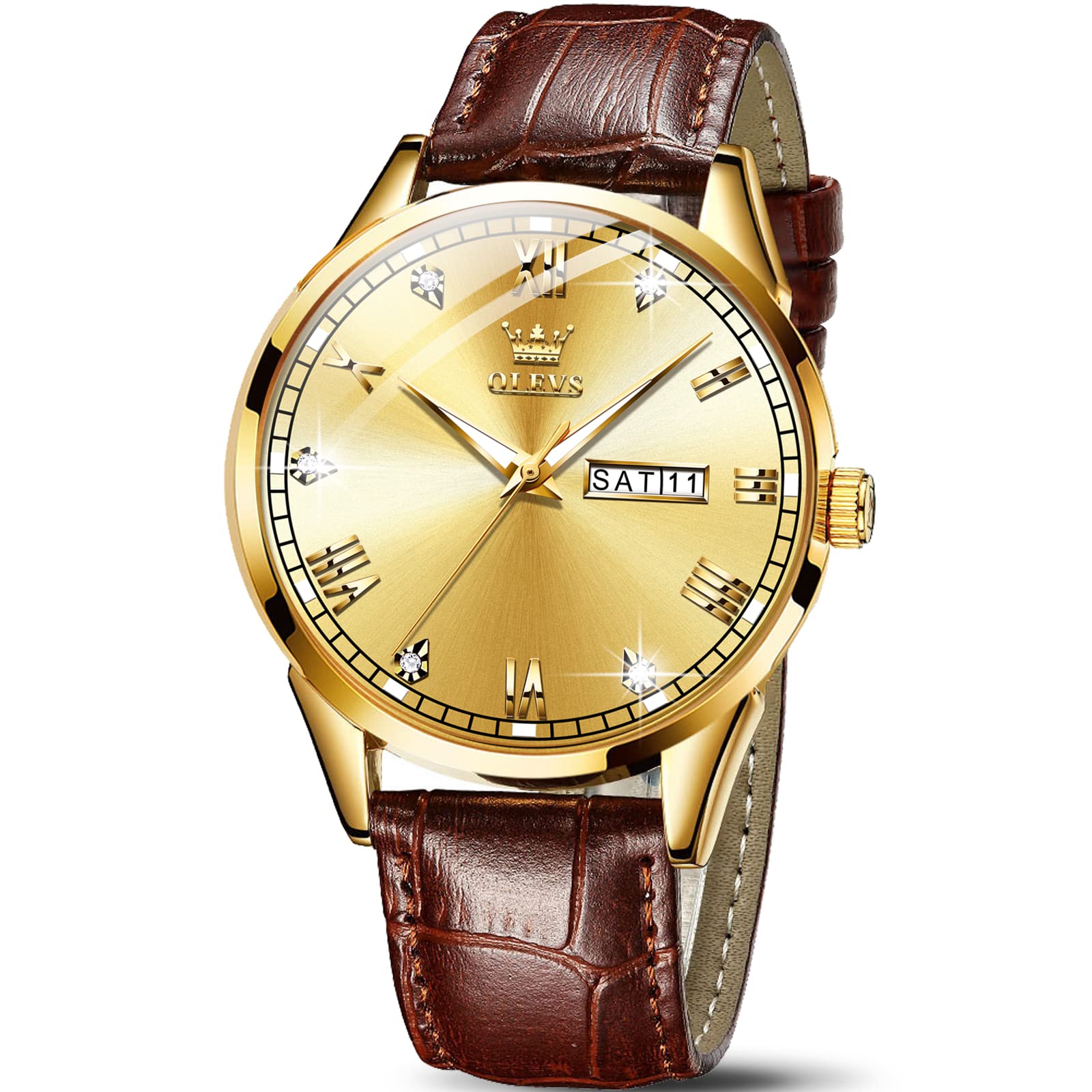 Reloj Olevs De Piel Dorada Para Hombre, Día Y Fecha, Resistente Al Agua Hasta 30 M - Venta Internacional.