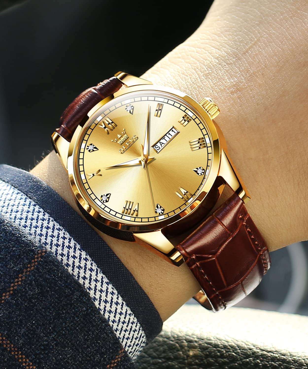 Foto 2 | Reloj Olevs De Piel Dorada Para Hombre, Día Y Fecha, Resistente Al Agua Hasta 30 M - Venta Internacional.
