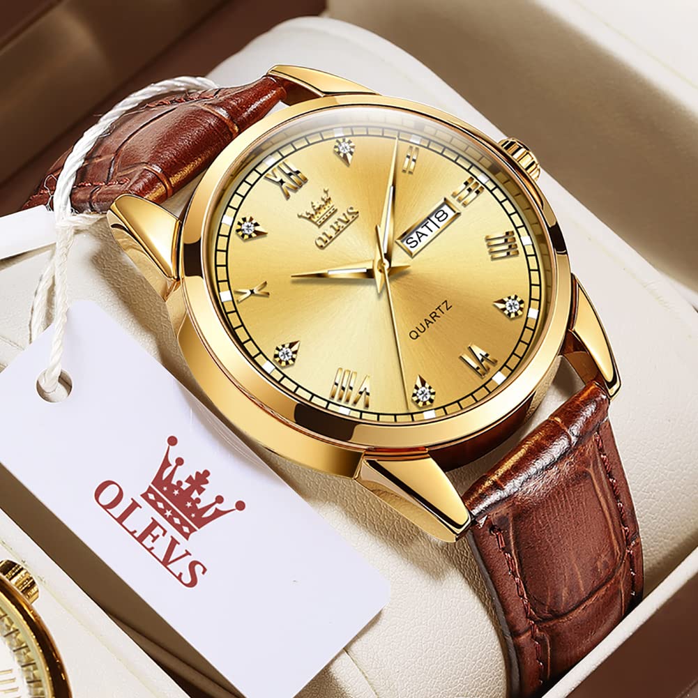 Foto 3 | Reloj Olevs De Piel Dorada Para Hombre, Día Y Fecha, Resistente Al Agua Hasta 30 M - Venta Internacional.