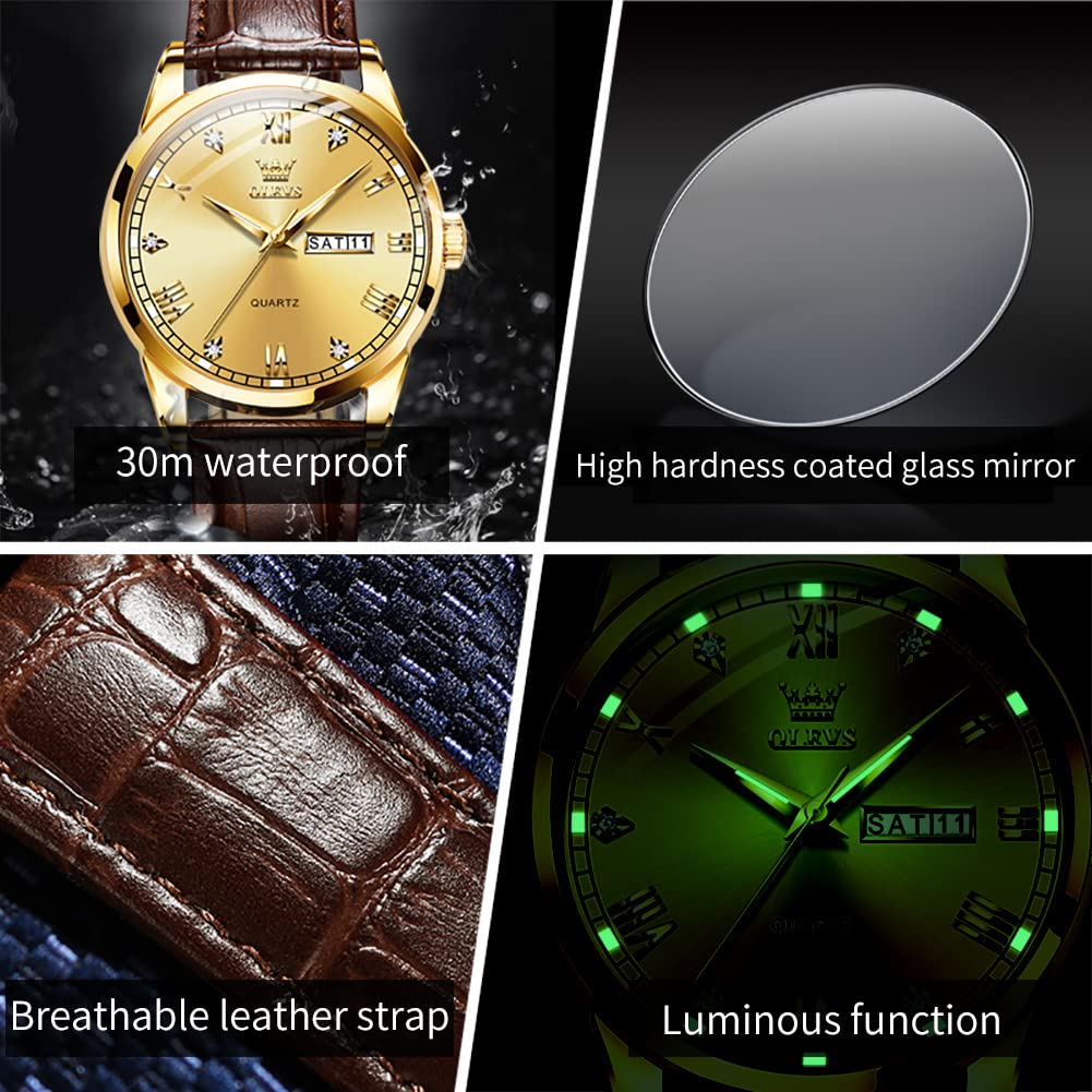 Foto 5 pulgar | Reloj Olevs De Piel Dorada Para Hombre, Día Y Fecha, Resistente Al Agua Hasta 30 M - Venta Internacional.