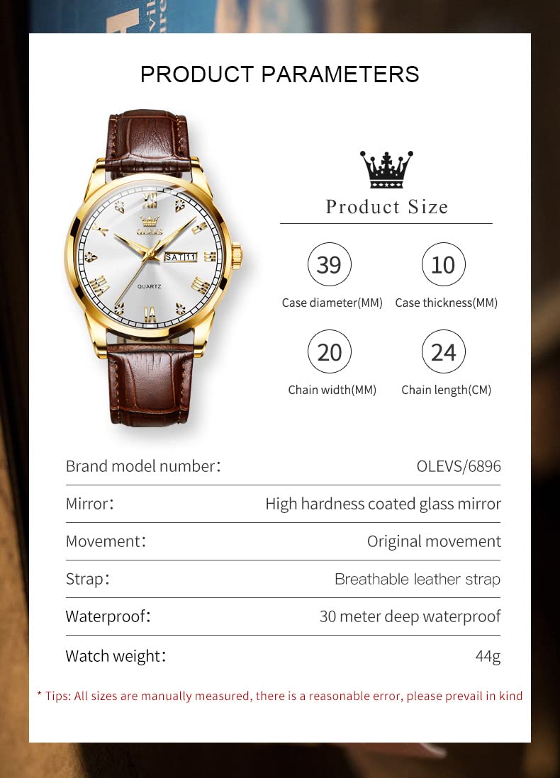 Foto 7 pulgar | Reloj Olevs De Piel Dorada Para Hombre, Día Y Fecha, Resistente Al Agua Hasta 30 M - Venta Internacional.