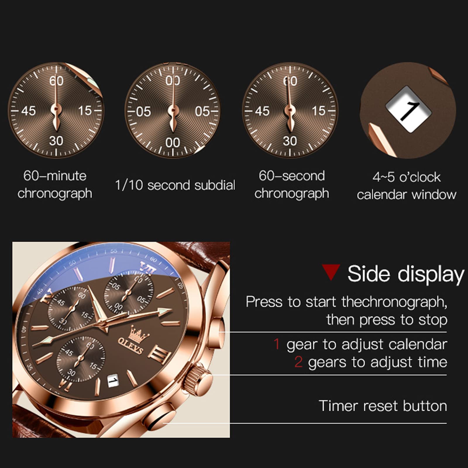 Foto 6 pulgar | Reloj Cronógrafo Olevs Casual Con Correa De Cuero Marrón Para Hombre - Venta Internacional.