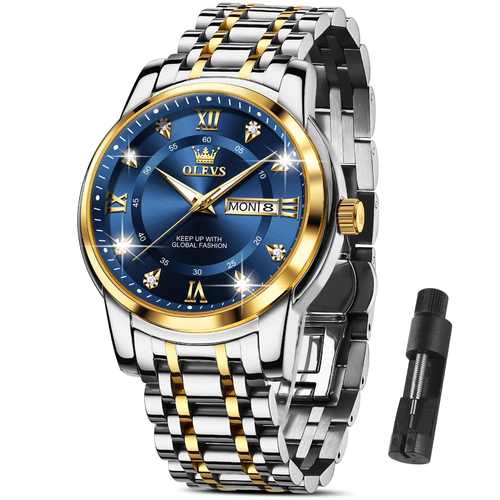Foto 2 pulgar | Reloj Olevs G5513 De Acero Inoxidable Dorado Y Azul Para Hombre - Venta Internacional.
