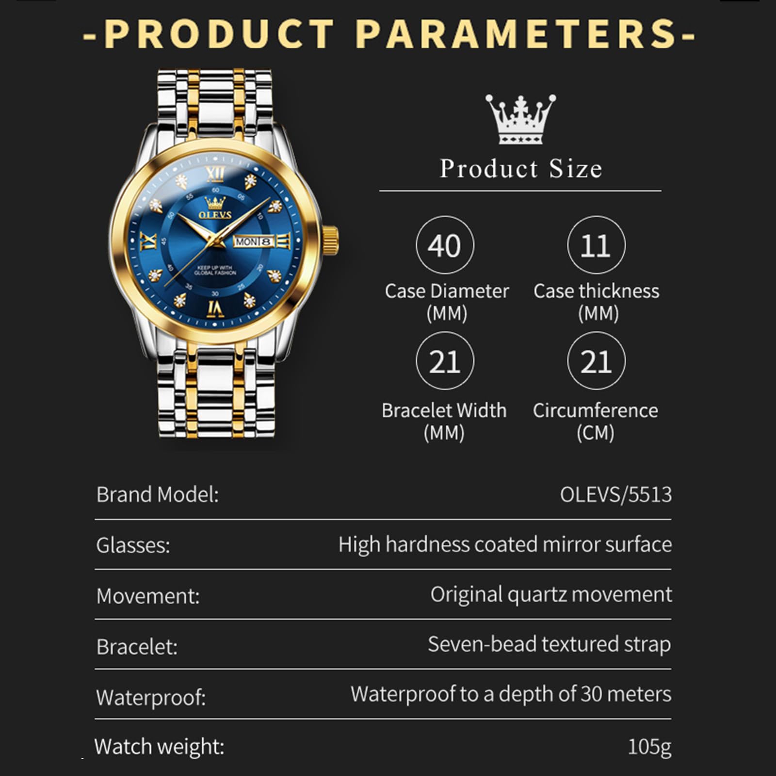 Foto 8 pulgar | Reloj Olevs G5513 De Acero Inoxidable Dorado Y Azul Para Hombre - Venta Internacional.
