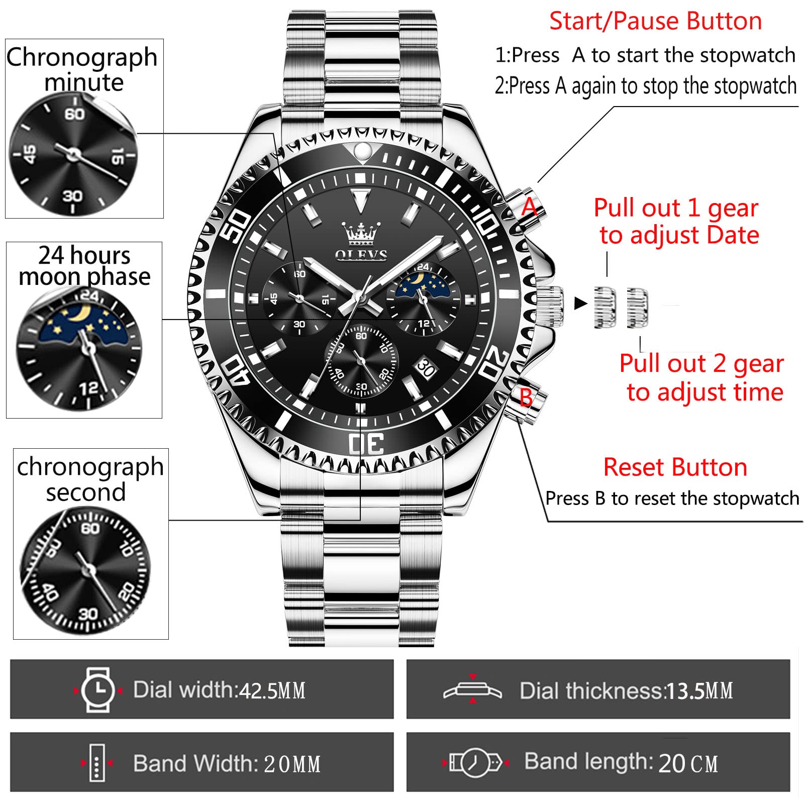 Foto 7 pulgar | Reloj Cronógrafo Olevs Silver De Acero Inoxidable Para Hombre - Venta Internacional.