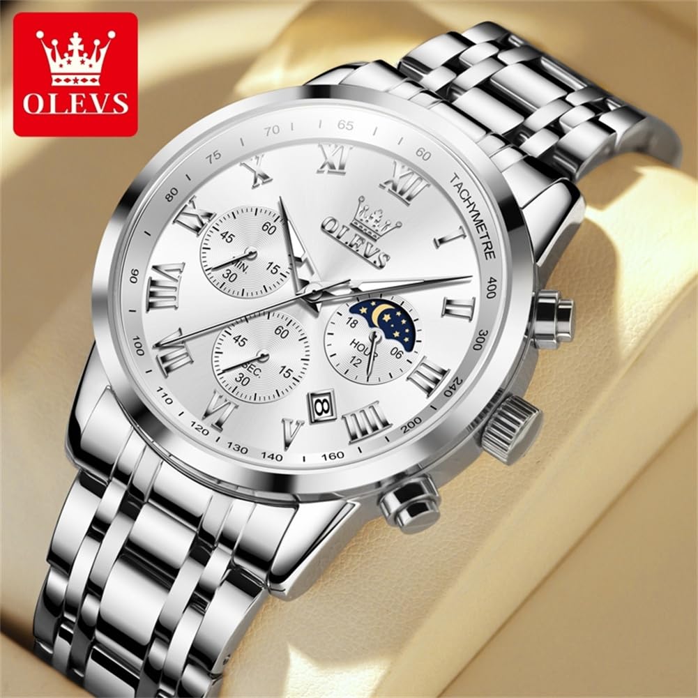 Foto 2 | Reloj Olevs Para Hombre, Cronógrafo Analógico De Cuarzo, Acero Inoxidable - Venta Internacional.