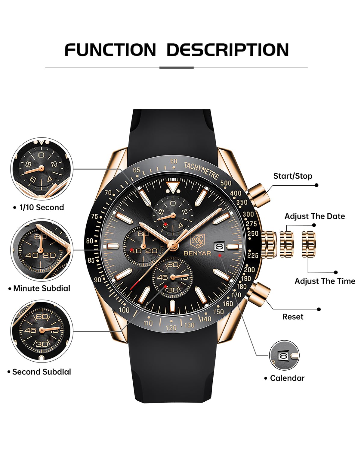Foto 4 pulgar | Reloj By Benyar Con Cronógrafo Analógico De Cuarzo Para Hombre, Resistente Al Agua - Venta Internacional.