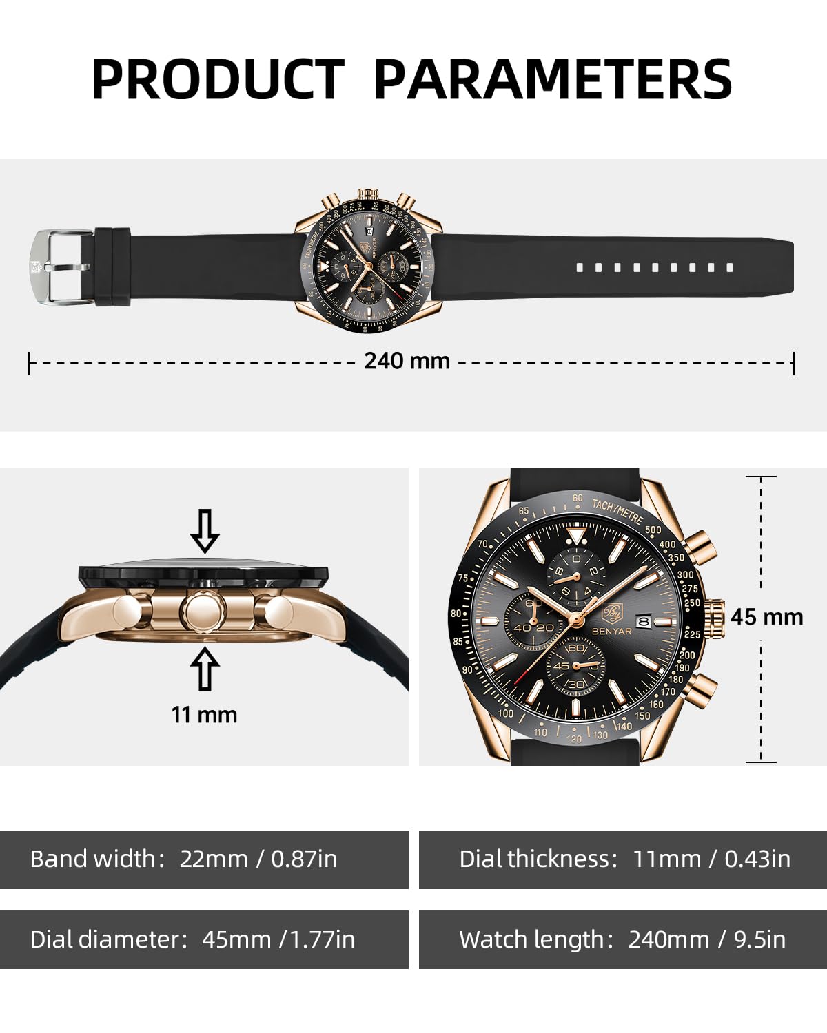 Foto 7 pulgar | Reloj By Benyar Con Cronógrafo Analógico De Cuarzo Para Hombre, Resistente Al Agua - Venta Internacional.