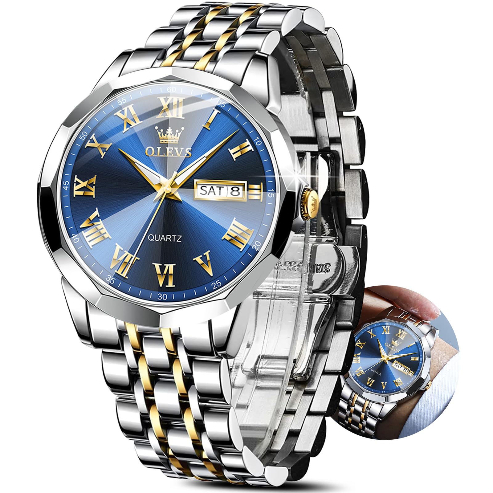 Foto 2 pulgar | Reloj Olevs Para Hombre Con Esfera Azul Y Fecha De Día, Color Dorado Y Plateado, Acero Inoxidable - Venta Internacional