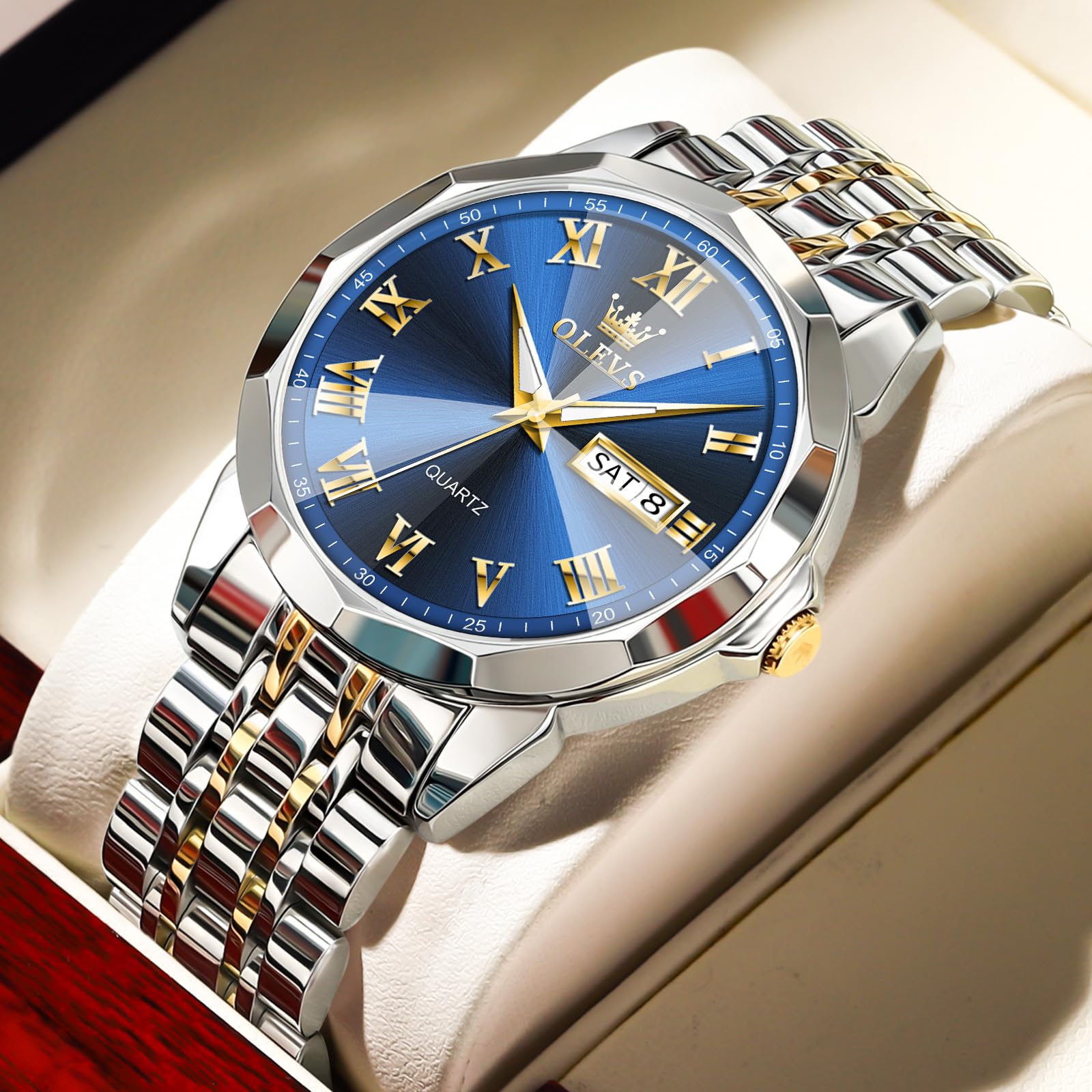 Foto 3 pulgar | Reloj Olevs Para Hombre Con Esfera Azul Y Fecha De Día, Color Dorado Y Plateado, Acero Inoxidable - Venta Internacional