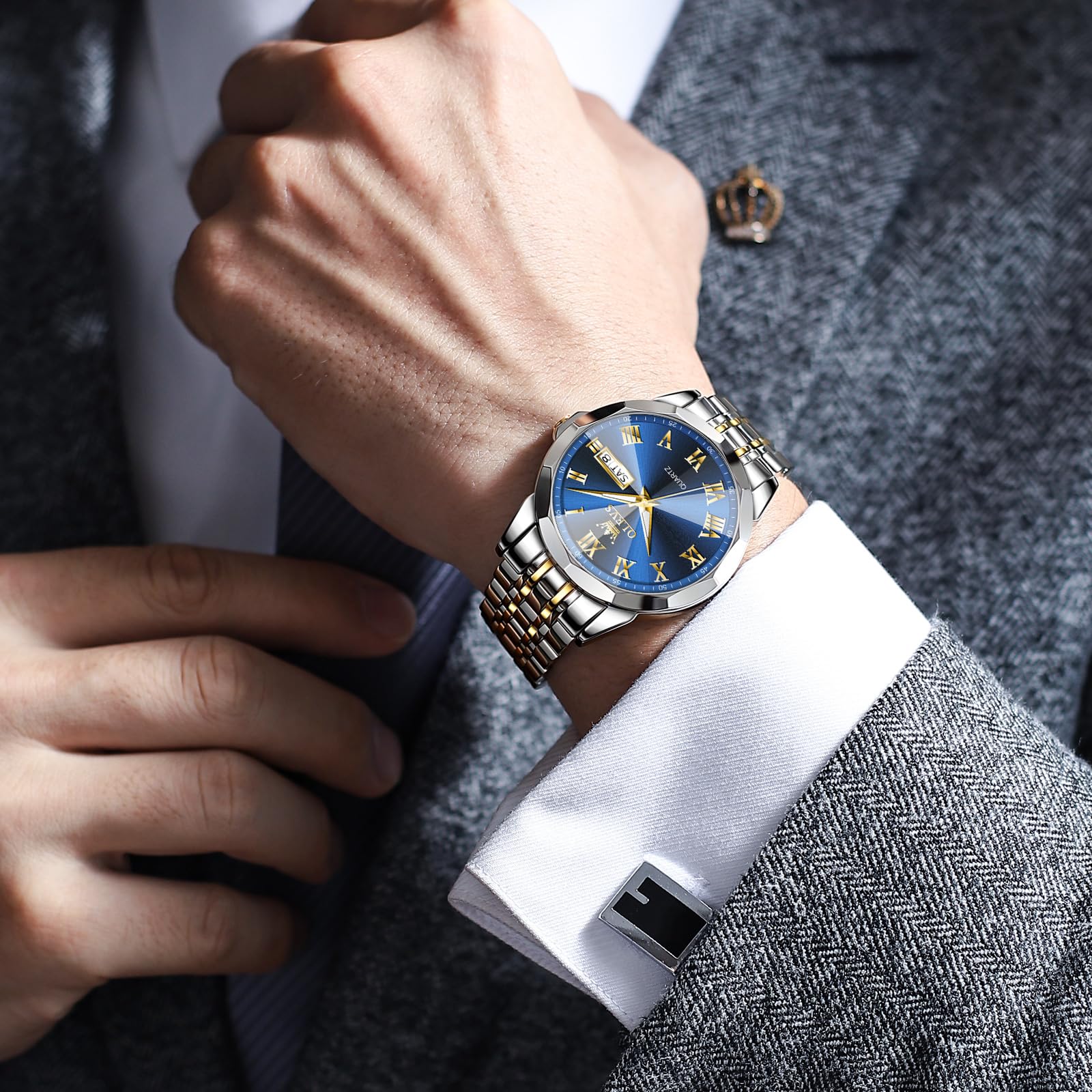 Foto 4 pulgar | Reloj Olevs Para Hombre Con Esfera Azul Y Fecha De Día, Color Dorado Y Plateado, Acero Inoxidable - Venta Internacional