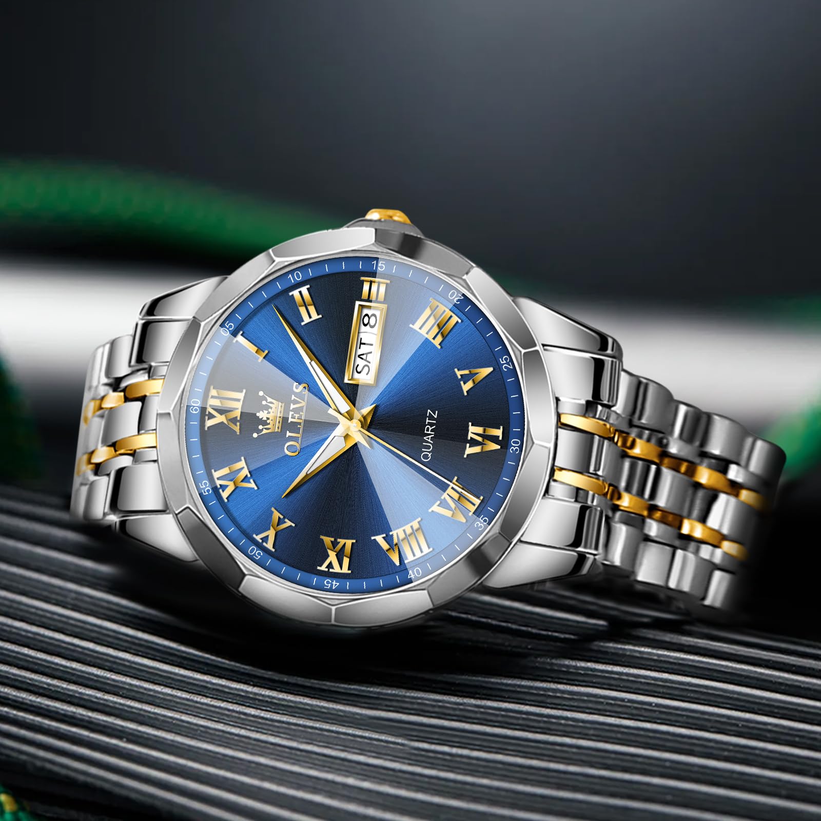 Foto 5 pulgar | Reloj Olevs Para Hombre Con Esfera Azul Y Fecha De Día, Color Dorado Y Plateado, Acero Inoxidable - Venta Internacional
