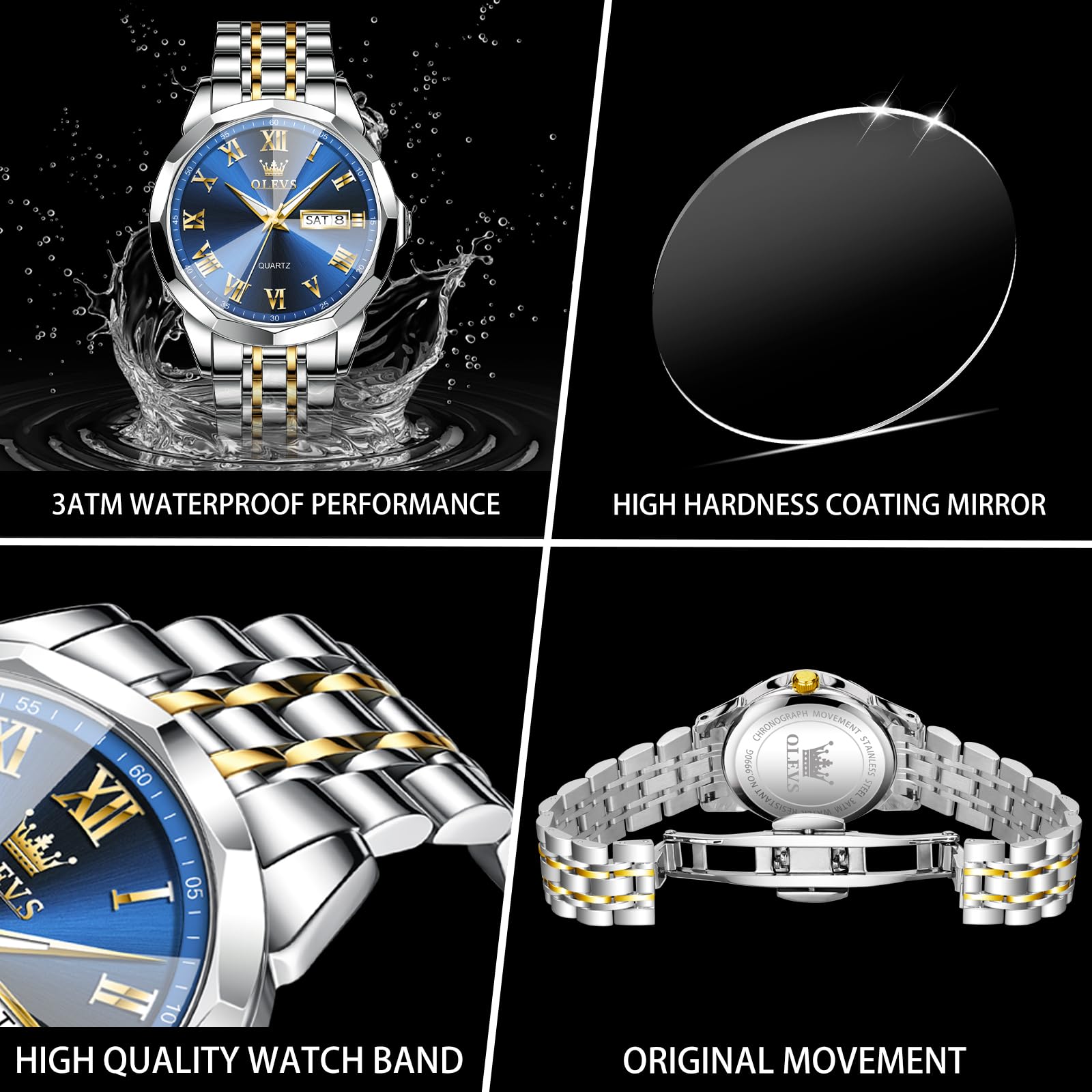Foto 6 pulgar | Reloj Olevs Para Hombre Con Esfera Azul Y Fecha De Día, Color Dorado Y Plateado, Acero Inoxidable - Venta Internacional