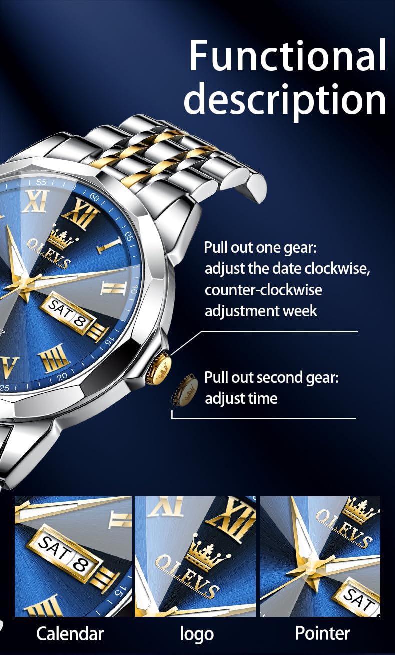 Foto 8 pulgar | Reloj Olevs Para Hombre Con Esfera Azul Y Fecha De Día, Color Dorado Y Plateado, Acero Inoxidable - Venta Internacional
