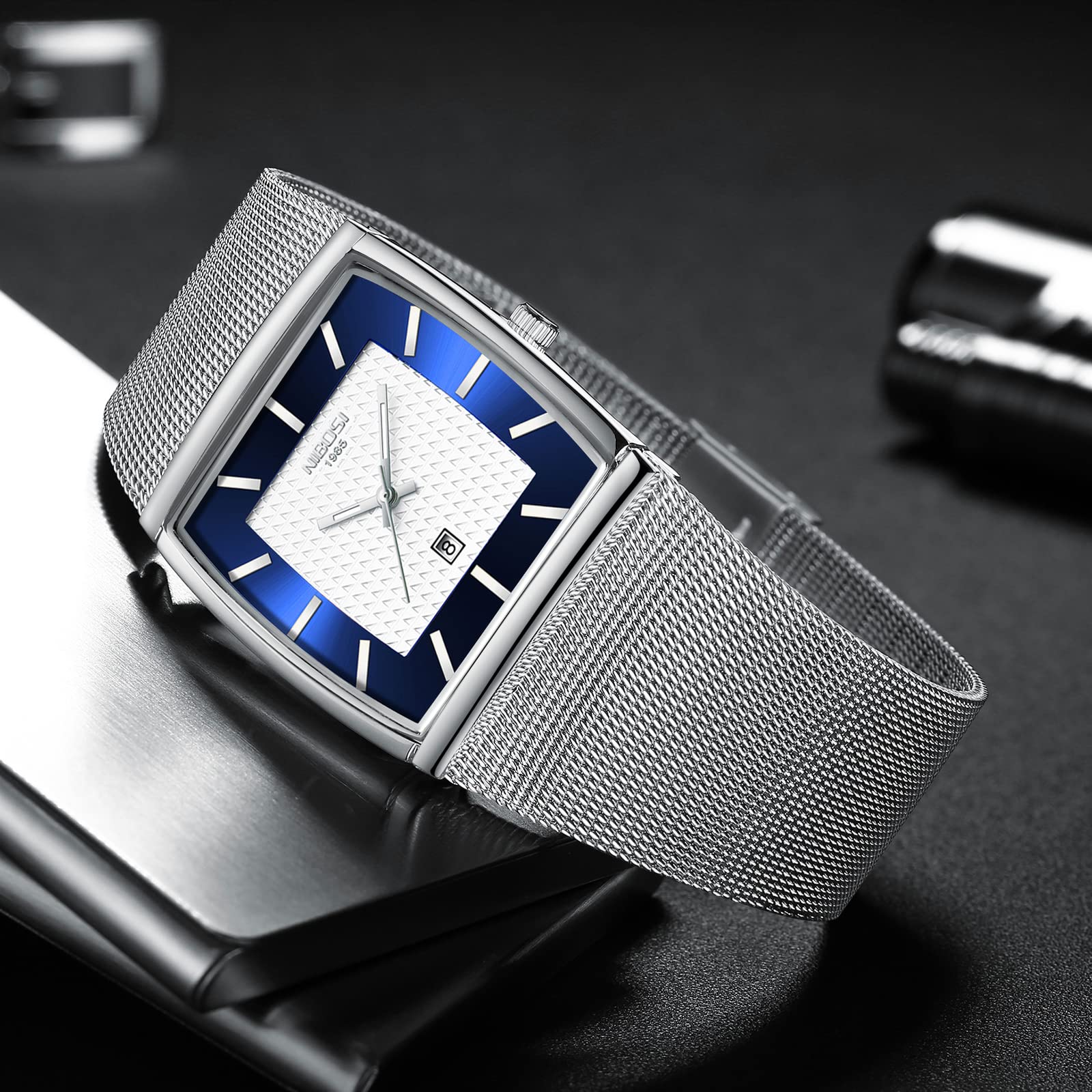 Foto 5 pulgar | Reloj Nibosi Square Business Waterproof Para Hombre, Plateado Y Azul - Venta Internacional.