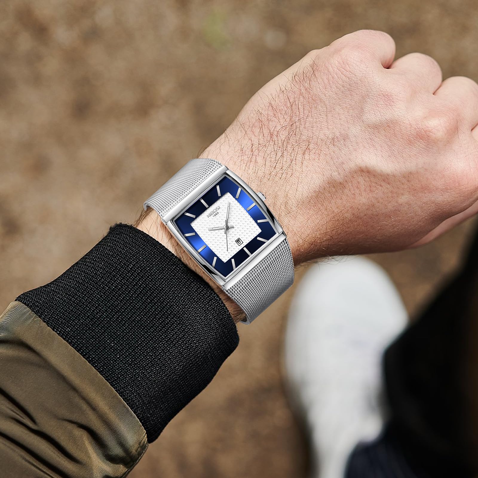 Foto 7 pulgar | Reloj Nibosi Square Business Waterproof Para Hombre, Plateado Y Azul - Venta Internacional.